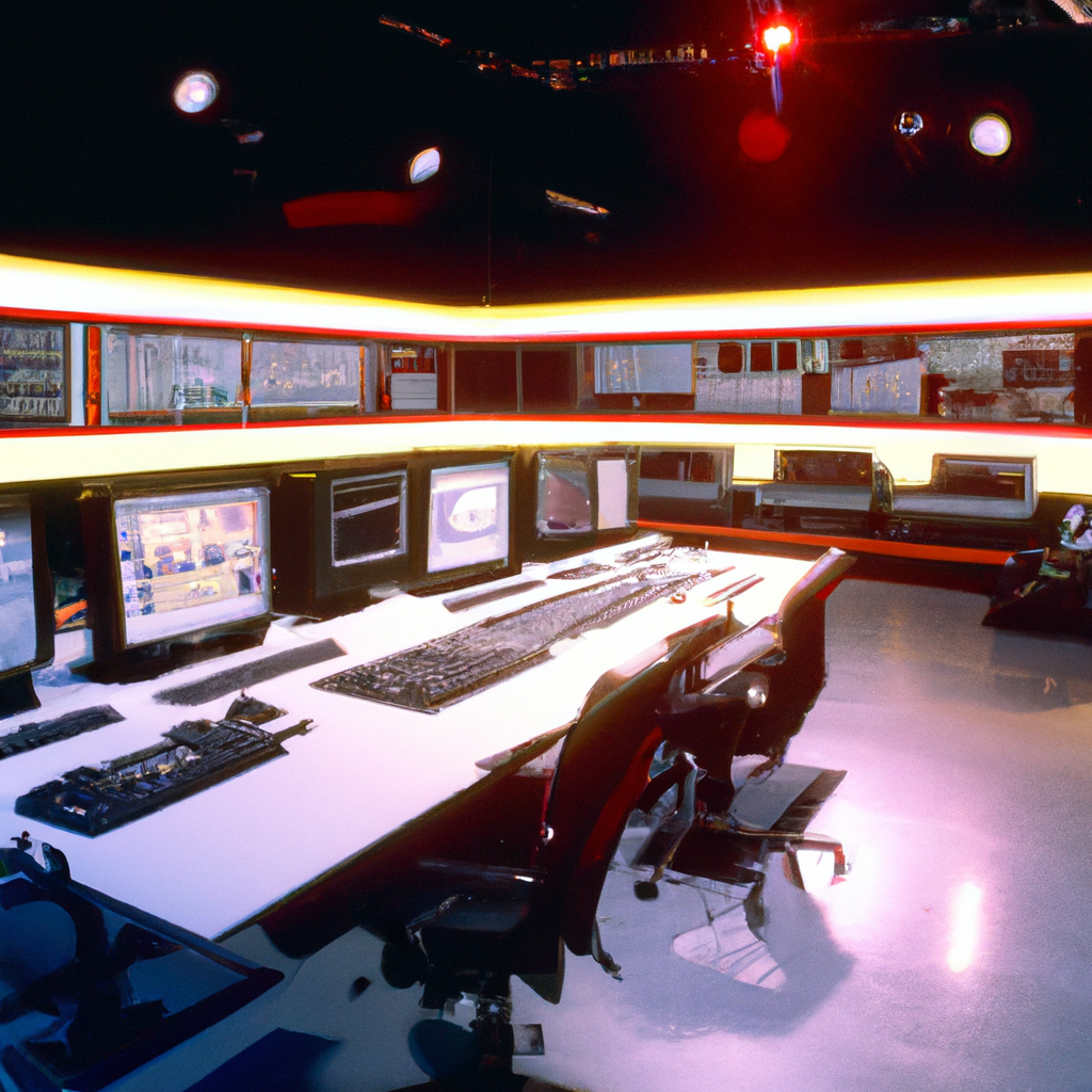 Estudio de edición de noticias moderno en Buenos Aires con consolas y pantallas ultra wide